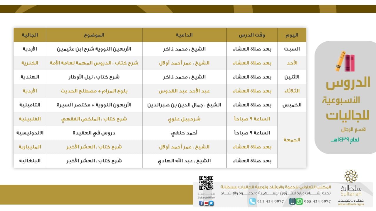 تستأنف الدروس الأسبوعية للجاليات وفق الجدول المرفق